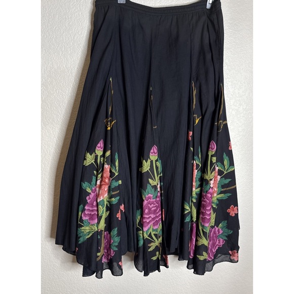 Soft Surroundings Medium Petite Midi Skirt Floral Birds Black Drawstring Artsy - Picture 3 of 10